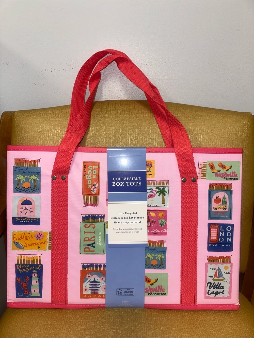 Travel Matches Pink Multi Around the World Collapsible BOX TOTE Heavy Duty 55lb - Picture 5 of 10